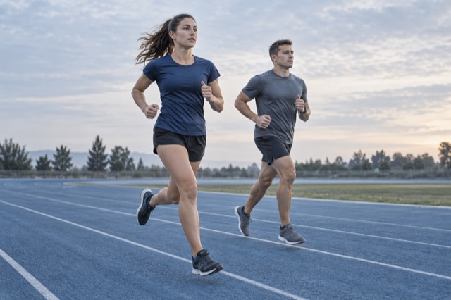 Two athletes running on an outdoor track in cool morning light.