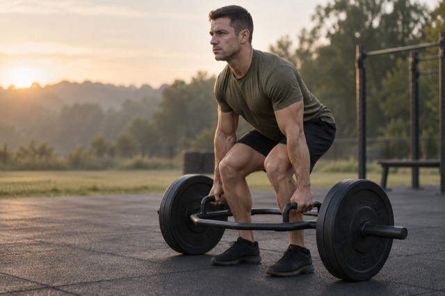 Athlete preparing a trap-bar deadlift outdoors at sunrise.